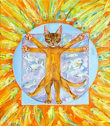 Painting titled "Vitruvian funny cat…" by Elena Reutova, Original Artwork, Oil Mounted on Wood Stretcher frame