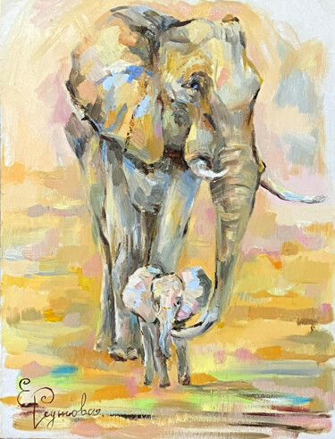 Painting titled "Elephant with baby…" by Elena Reutova, Original Artwork, Oil Mounted on Cardboard