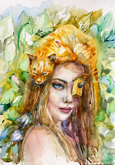 Painting titled "Portrait of a girl…" by Elena Reutova, Original Artwork, Watercolor