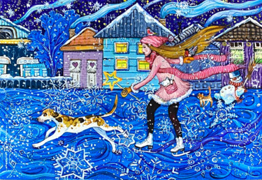 Pintura intitulada "Happy girl on skate…" por Elena Reutova, Obras de arte originais, Acrílico