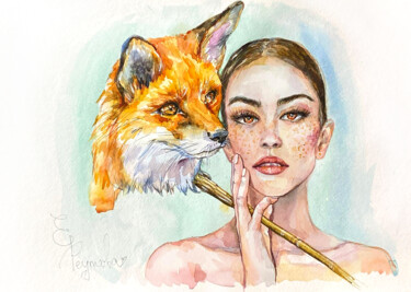 Peinture intitulée "Girl - Fox. Mask. W…" par Elena Reutova, Œuvre d'art originale, Aquarelle