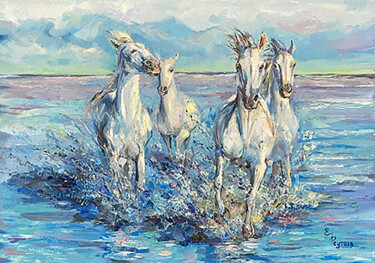 Painting titled "Running white horse…" by Elena Reutova, Original Artwork, Oil Mounted on Wood Stretcher frame