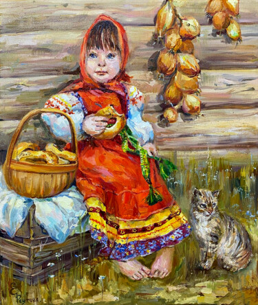 Painting titled "Russian girl with b…" by Elena Reutova, Original Artwork, Oil Mounted on Wood Stretcher frame