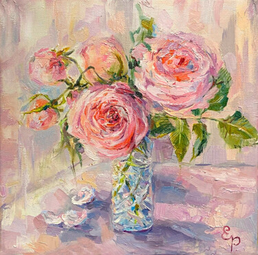 Peinture intitulée "Delicate roses for…" par Elena Reutova, Œuvre d'art originale, Huile Monté sur Châssis en bois