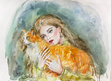 Painting titled "Beautiful girl and…" by Elena Reutova, Original Artwork, Watercolor