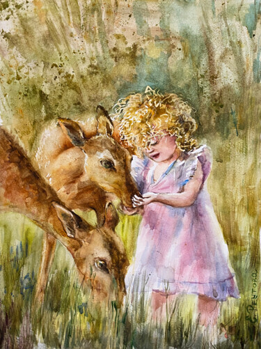 Painting titled "A girl with roe dee…" by Elena Reutova, Original Artwork, Watercolor