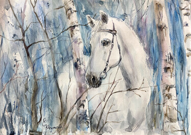 Painting titled "A white horse among…" by Elena Reutova, Original Artwork, Watercolor