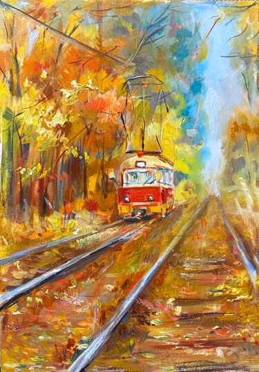 Painting titled "Red tram in the gol…" by Elena Reutova, Original Artwork, Oil
