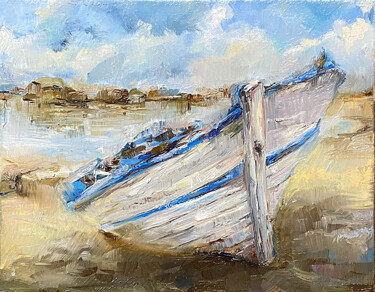 Painting titled "Boat on the shore." by Elena Reutova, Original Artwork, Oil Mounted on Wood Stretcher frame