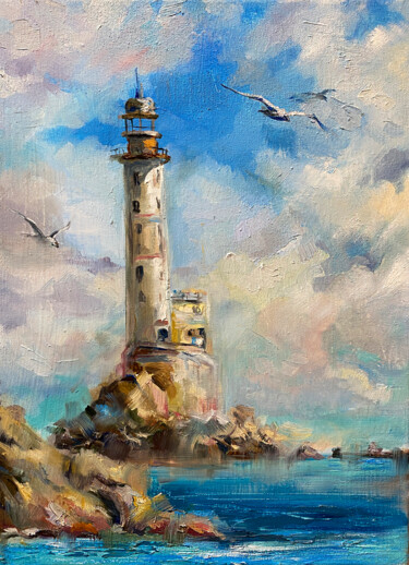 Painting titled "Lighthouse. Sea. Se…" by Elena Reutova, Original Artwork, Oil
