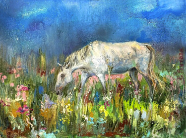 Painting titled "A light free horse…" by Elena Reutova, Original Artwork, Oil Mounted on Wood Stretcher frame