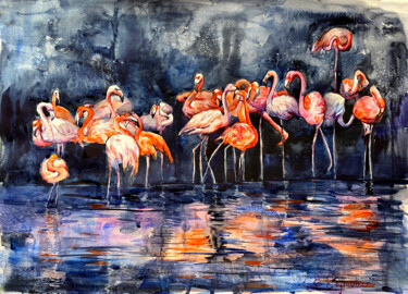 Pintura intitulada "Flamingo on a dark…" por Elena Reutova, Obras de arte originais, Aquarela