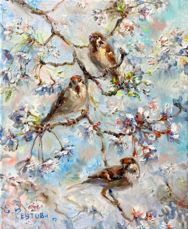 Painting titled "Sparrows on a flowe…" by Elena Reutova, Original Artwork, Oil Mounted on Wood Stretcher frame