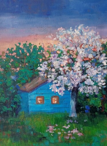 Schilderij getiteld "Spring sunset, wood…" door Elena Rozhko, Origineel Kunstwerk, Olie