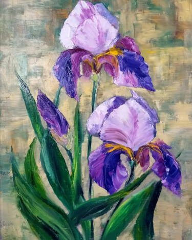 Painting titled "Fleurs Iris,peintur…" by Elena Rozhko, Original Artwork, Oil