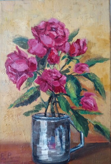 Painting titled "Nature morte Roses…" by Elena Rozhko, Original Artwork, Oil Mounted on Wood Stretcher frame