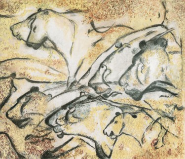 Pittura intitolato "Chauvet Lions" da Elena Salomon, Opera d'arte originale, Tempera