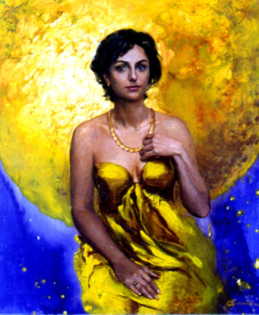 Painting titled "Женский портрет" by Elena Samoilik, Original Artwork, Oil Mounted on Wood Stretcher frame