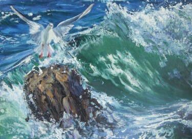 Картина под названием "Волна и чайка" - Елена Самойлик, Подлинное произведение искусства, Масло Установлен на Деревянная рам…