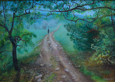 Schilderij getiteld "Forest Road" door Elena Sapronova, Origineel Kunstwerk, Olie