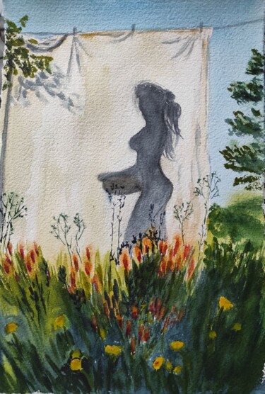 Painting titled "Washing clothes" by Elena Semenova, Original Artwork, Watercolor