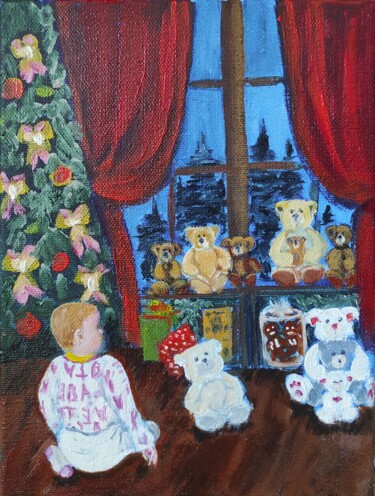 Painting titled "New year's tale" by Elena Semenova, Original Artwork, Oil Mounted on Wood Stretcher frame