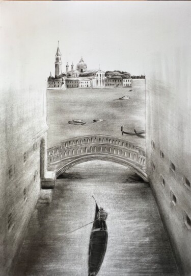 Rysunek zatytułowany „Lasciando Venezia” autorstwa Elena Semina, Oryginalna praca, Węgiel drzewny