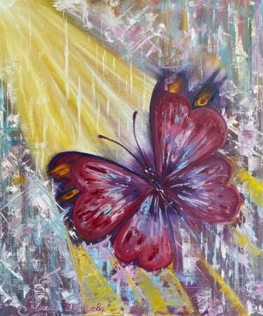 Painting titled "Butterfly - a ray o…" by Elena Sharaeva, Original Artwork, Oil