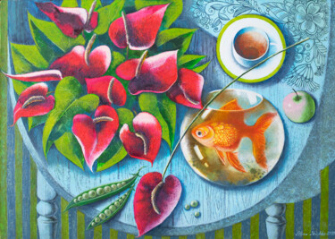 Painting titled "Golden Fish" by Elena Shichko, Original Artwork, Oil
