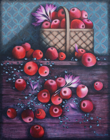 Painting titled "BASKET WITH APPLES" by Elena Shichko, Original Artwork, Acrylic