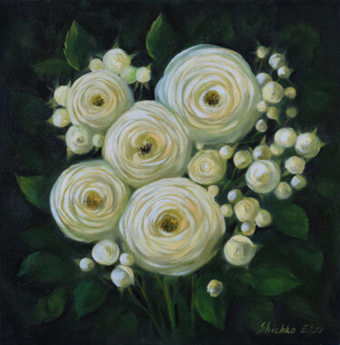 Schilderij getiteld "White roses" door Elena Shichko, Origineel Kunstwerk, Olie