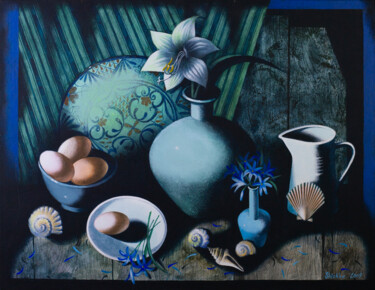 Painting titled "Blue still life" by Elena Shichko, Original Artwork, Acrylic