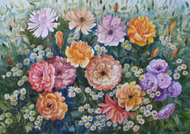 Картина под названием "Roses from my garden" - Elena Shichko, Подлинное произведение искусства, Акварель