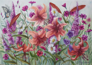 Malarstwo zatytułowany „Lilies in summer ga…” autorstwa Elena Shichko, Oryginalna praca, Akwarela