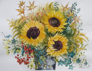 Painting titled "Bouquet with sunflo…" by Elena Shichko, Original Artwork, Watercolor