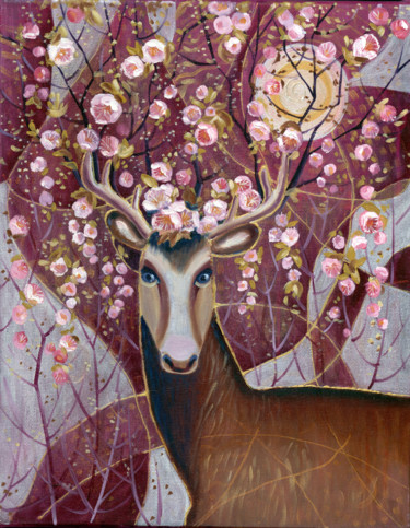 Painting titled "David's Deer." by Elena Shipunova, Original Artwork, Oil