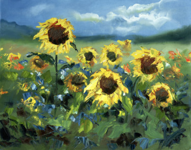 Painting titled "Sunflowers in the w…" by Elena Shipunova, Original Artwork, Oil