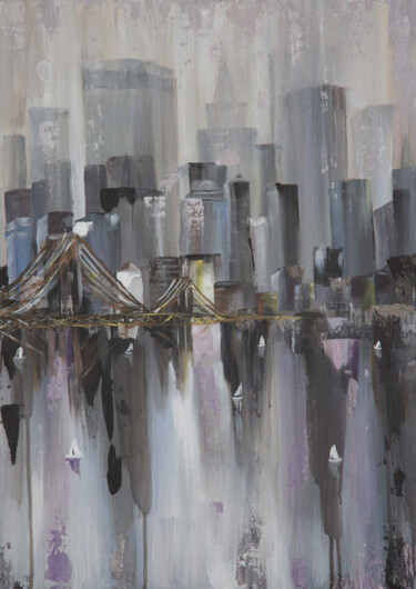 Painting titled "city in the fog" by Elena Sobol, Original Artwork, Acrylic Mounted on Wood Stretcher frame