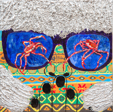Painting titled "I see crab fights" by Elena Sobol, Original Artwork, Acrylic Mounted on Cardboard