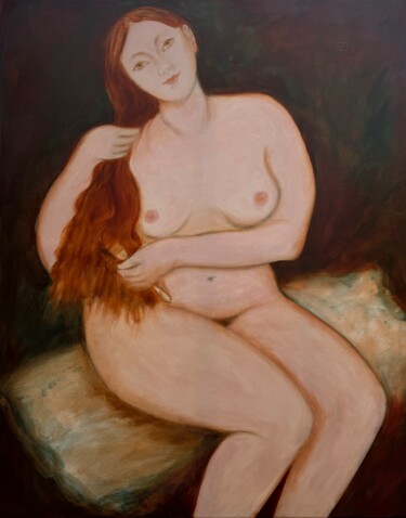 Painting titled "Woman brushing his…" by Elena Stauffer, Original Artwork, Oil Mounted on Wood Stretcher frame