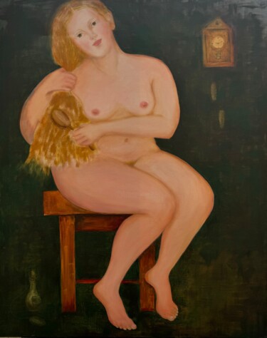 Painting titled "girl combing her ha…" by Elena Stauffer, Original Artwork, Oil Mounted on Wood Stretcher frame