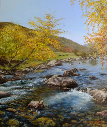Pittura intitolato "Mountain river. A t…" da Elena Stetsenko, Opera d'arte originale, Olio