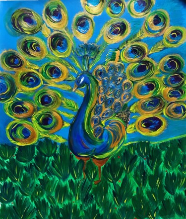 Peinture intitulée "Peacock popping aro…" par Elena Suprema, Œuvre d'art originale, Acrylique