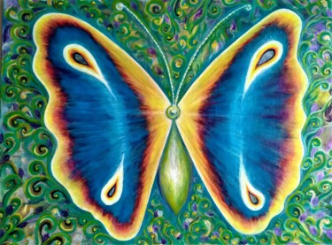 Painting titled "Butterfly Morpho" by Elena Titenko (LeTi), Original Artwork, Oil Mounted on Wood Stretcher frame