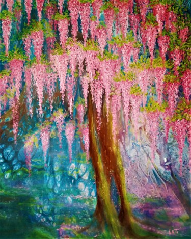 Painting titled "Pink Wisteria" by Elena Titenko (LeTi), Original Artwork, Oil Mounted on Wood Stretcher frame