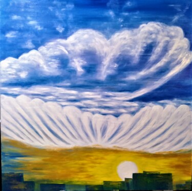 Painting titled "Angels over the city" by Elena Titenko (LeTi), Original Artwork, Oil Mounted on Wood Stretcher frame