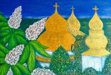 Painting titled "Three churches and…" by Elena Titenko (LeTi), Original Artwork, Oil Mounted on Wood Stretcher frame