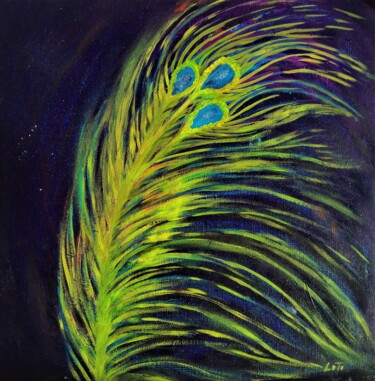 Painting titled "Peacock feather" by Elena Titenko (LeTi), Original Artwork, Oil Mounted on Cardboard