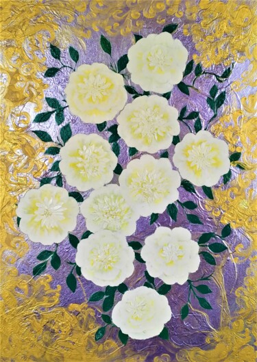 Painting titled "White terry Hibiscus" by Elena Titenko (LeTi), Original Artwork, Oil Mounted on Wood Stretcher frame