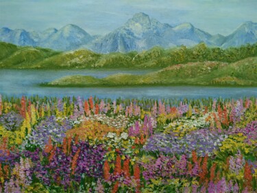 Painting titled "Mountains and flowe…" by Elena Titenko (LeTi), Original Artwork, Oil Mounted on Wood Stretcher frame